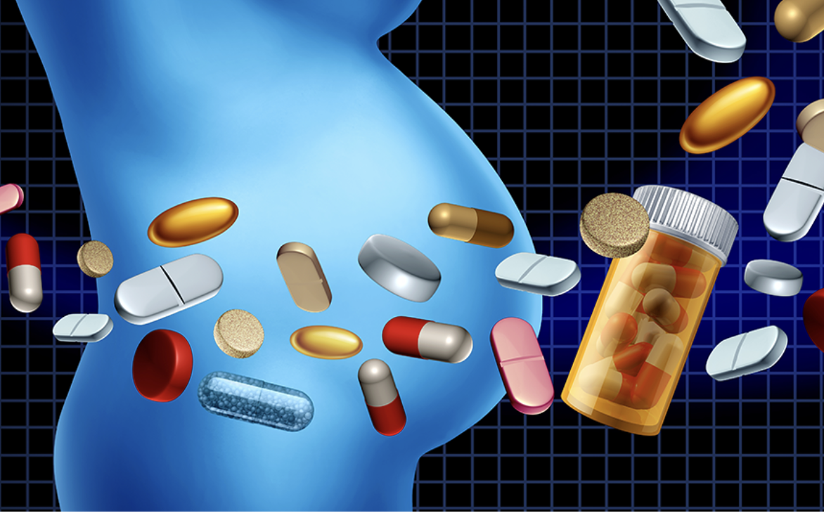 Graphic shows a wide array of drugs floating over the outline of a pregnant woman.